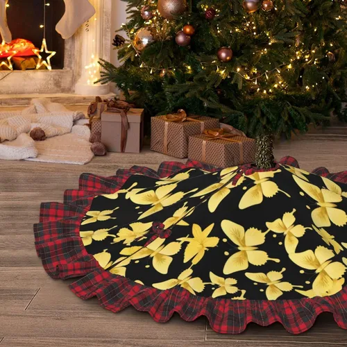 Vista 6 de Beautiful Gold Butterflies Print Christmas Tree Skirt Red Black Plaid Border Xmas Tree Skirt Holiday New Year Party Christmas Party Decor. 30 in 36