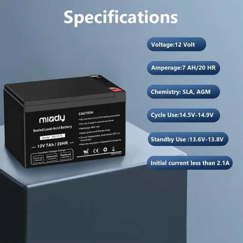 Vista 4 de Miady Batería de ácido plomo sellada recargable de 12V 7Ah (1 paquete)