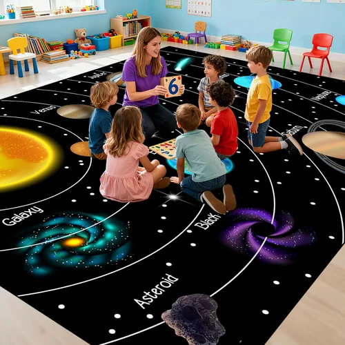 Vista 25 de Alfombra espacial para habitación de niños, alfombra de galaxia para niños, alfombras espaciales para dormitorio de niños, decoración