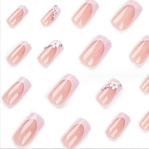 Vista 3 de Foccna - Uñas postizas 3D con flores, cuadradas, rosas, francesas, brillantes, con strass, largas, para manicura, 24 piezas
