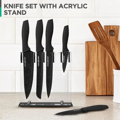 Vista 7 de HAUSHOF Juego de cuchillos de cocina, 5 piezas con bloque de acrílico, juego de cuchillos negros con revestimiento de teflón para la cocina, juego