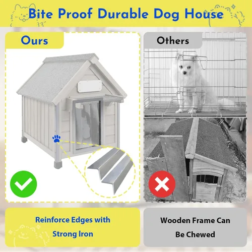 Vista 3 de Gowoodhut Casa para perros al aire libre, resistente a la intemperie, gran perrera de madera para interiores para perros pequeños con marco a prueba