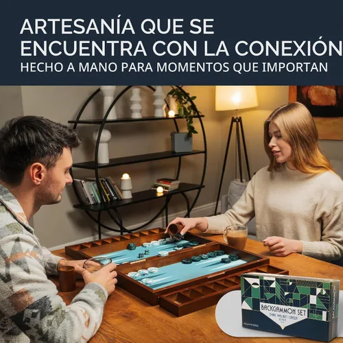 Vista 5 de Pointworks Juego de Backgammon de 20 Pulgadas Grande para Adultos, Tablero de Backgammon Verde, Madera Sólida. Bandeja de Accesorios Desmontable
