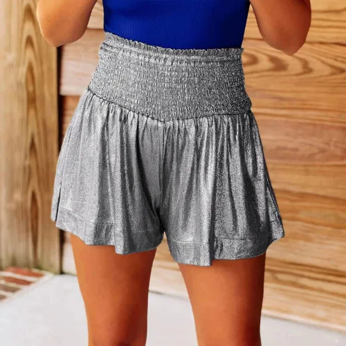Vista 2 de Pantalones cortos fruncidos de lentejuelas metálicas de cintura alta para mujer, con volantes plisados y brillantes