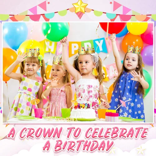Vista 5 de Juego de 50 coronas de papel dorado a granel para niños, kit de manualidades de corona de princesa DIY Paper Crowns to Decorate, with 28 Sheet Gem