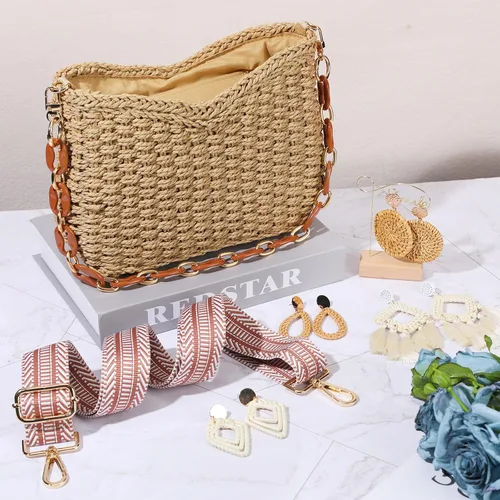 Vista 6 de Abbylike Summer Handmade Straw Crossbody Bag for Women with 4 Rattan Earrings for Women Girl Vacation Bohemian Supplies