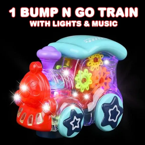 Vista 2 de ArtCreativity Tren de juguete transparente iluminado para niños, 1 unidad, auto de juguete Bump and Go con engranajes móviles coloridos, música