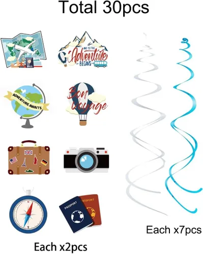 Vista 3 de 30 decoraciones de fiesta de espirales colgantes con temática de viaje, suministros de fiesta para fiesta de cumpleaños, fiesta de jubilación
