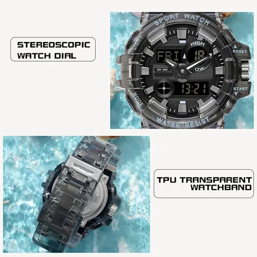 Vista 4 de Reloj para hombre, reloj analógico digital para hombre, relojes deportivos para hombre, color blanco transparente, diseño único, LED, táctico