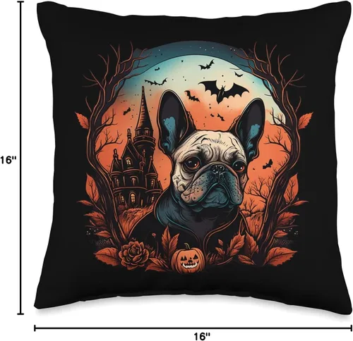 Vista 4 de French Bulldog Funny & Cute Frenchie Love Motifs Disfraz de bulldog francés de Halloween Almohada aterradora de bruja y calabaza, 16 x 16