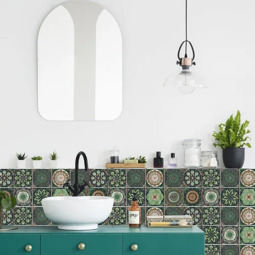 Vista 2 de Pegatinas de Azulejos para Salpicadero de 6x6 pulgadas en Verde, Despegar y Pegar, Patrón Mandala, Calcomanías de Azulejos Decorativas para Cocina