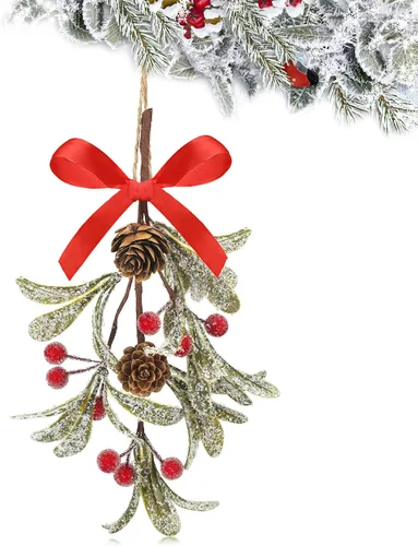 Vista 18 de Giegxin 1 pieza Adorno de Navidad Artificial de Muérdago Colgante con Lazo Rojo Bouquet de Adornos Colgantes de Navidad Floral con Piñas Naturales