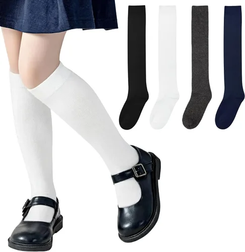 Vista 7 de Chalier 4 Pairs Girls Knee High Socks, Over Craft Cotton Socks Todo blanco