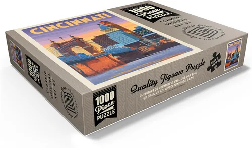 Vista 3 de MyPuzzle Cincinnati, OH: Riverfront, póster vintage, rompecabezas premium de 1000 piezas para adultos