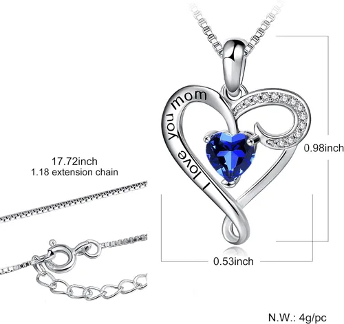 Vista 2 de Regalo de cumpleaños para mamá, collar con dije de corazón de plata esterlina 925 con texto en inglés "I Love You Mom
