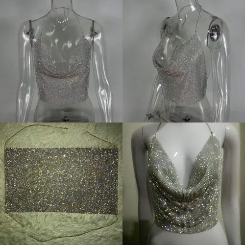 Vista 6 de Mujeres Sexy Brillante Rhinestone Crop Tops Cadena de Metal Halter Tank Top V Cuello Camisola para Festival Club Party Raves