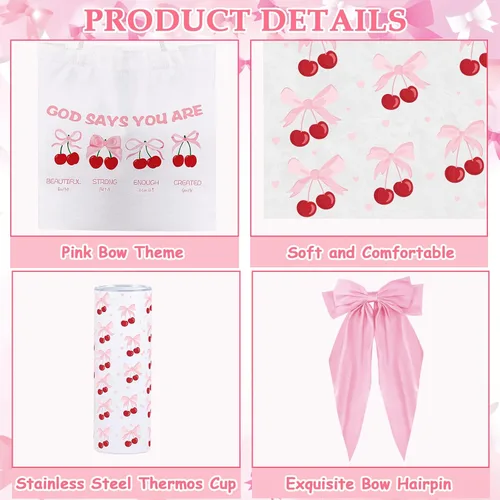 Vista 5 de Regalos de lazo rosa para mujeres, regalos de coqueta para niñas adolescentes, bonita canasta de regalo de lazo de cereza, ideas de regalo