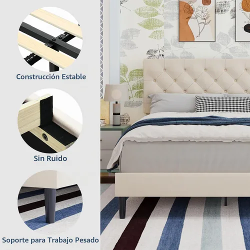Vista 6 de BarnFurin Base de cama tamaño Queen, plataforma tapizada con cabecera capitoné con botones, marco de cama de tela con soporte de listones de madera