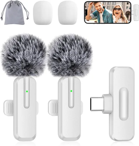 Vista 9 de Mini micrófono inalámbrico para iPhone, paquete de 2 micrófonos Lavalier para grabación de video, micrófono de solapa con reducción de ruido 2 en 1
