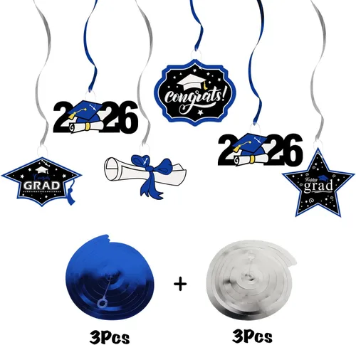 Vista 2 de LINGTEER Congrats Grad, Class of 2026 Swirls Streamers – 12 piezas para la escuela/hogar 2026 decoración de graduación espirales de graduación – Azul