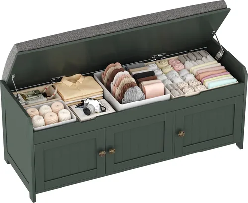 Vista 17 de HOMEFORT Banco para Zapatos de 30" con Almacenamiento de Tapa Elevable, Banco de Entrada con Asiento Acolchado, Banco de Madera para Pie de Cama