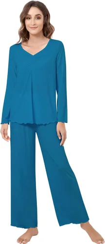 Vista 66 de NACHILA Women's Pajamas Set-Viscose Made from Bamboo, Long Sleeve Sleepwear Top with Pants Comfy Pajama Soft 2 Piece Pjs B-aqua Green
