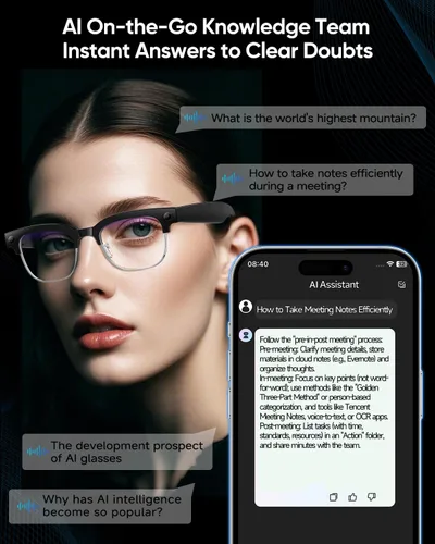Vista 11 de Lentes AI con cámara, 4K con audio, Bluetooth AI con GPT de chat para hombres, más de 160 idiomas, grabación de video de 8 MP, lentes inteligentes