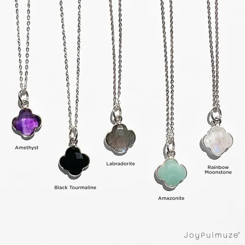 Vista 17 de Genuine Gemstone Necklace, Carved Four Leaf Clover Shape, Amethyst, Moonstone, Amazonite, Tourmaline, Labradorite, 925 Sterling Silver Jewelry