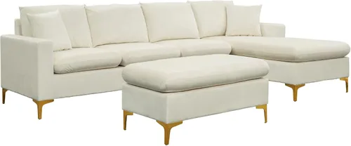 Vista 8 de Sofá modular de 110.6 pulgadas con otomana, elegante sofá tapizado de terciopelo en forma de L con 2 almohadas para sala de estar y apartamento