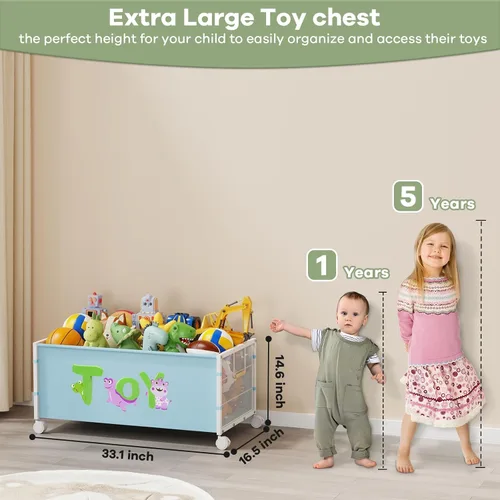 Vista 3 de Caja grande de juguetes para niños con ruedas, 120L Cajas de juguetes para niños extra grandes de metal y tela Oxford, cofre de juguetes organizador