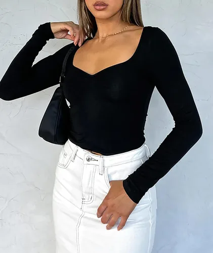 Vista 6 de Cioatin Camisetas cortas para mujer, ropa Y2K, cuello corazón, manga larga, camiseta delgada de moda para adolescentes