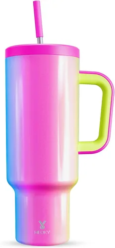 Vista 12 de Meoky - Vaso de 30 oz con asa, tapa y pajilla, taza de viaje térmica de acero inoxidable 100% a prueba de fugas, para portavasos, mantiene el frío