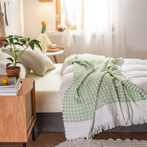 Vista 7 de Simple&Opulence Manta de 100 % algodón para cama, sofá, tejido jacquard de hilo teñido con borlas, suave, ligera, acogedora, transpirable, Verde