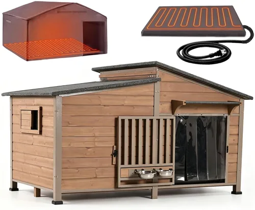 Vista 13 de Casa para Perros Exterior Perrera para Perros con Marco de Metal a Prueba de Masticación, Cuenco Giratorio para Alimentos, Cortina de Puerta de PVC