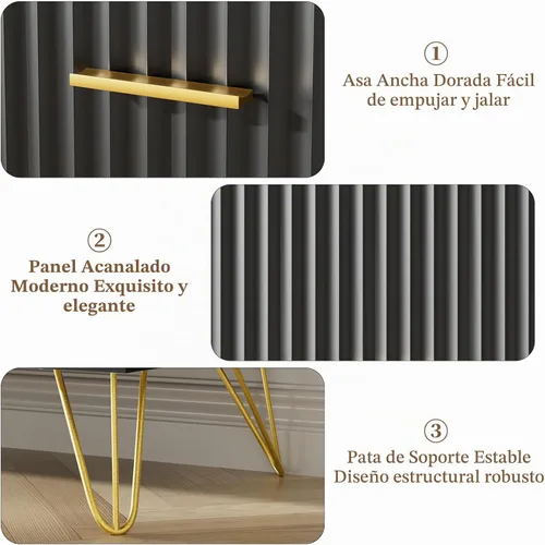 Vista 3 de JOZZBY Cómoda acanalada para dormitorio, cómoda negra de 6 cajones con asas doradas, cómodas de almacenamiento modernas y cómodas para pasillo