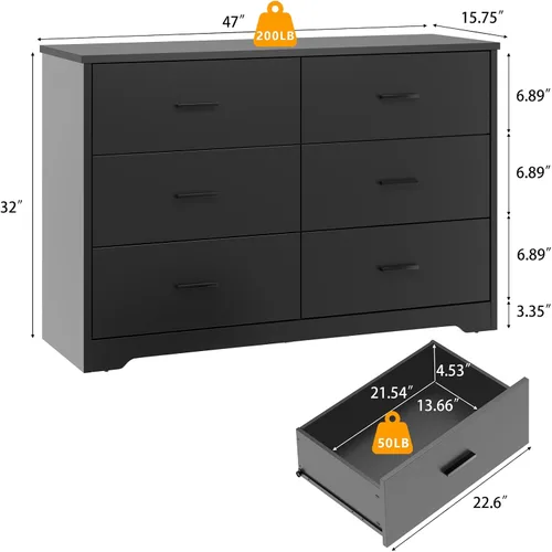 Vista 2 de LIDYUK Cómoda negra para dormitorio, cómoda de 6 cajones y cómodas, cómoda de madera moderna, cómoda de 48 pulgadas de ancho para dormitorio