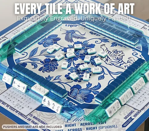 Vista 7 de Juego de azulejos Mahjong acrílicos grabados de 4 capas, 160 piezas con azul (04-Chinoiserie-Blue)