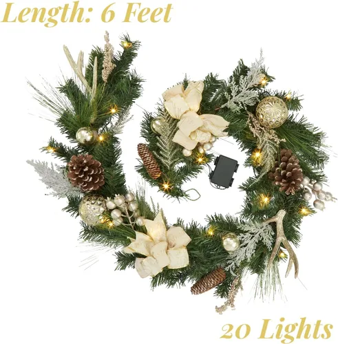 Vista 5 de Guirnalda de Navidad preiluminada de 6 pies con luces para manto, guirnalda de Navidad iluminada a pilas al aire libre con 20 bolas de oro LED