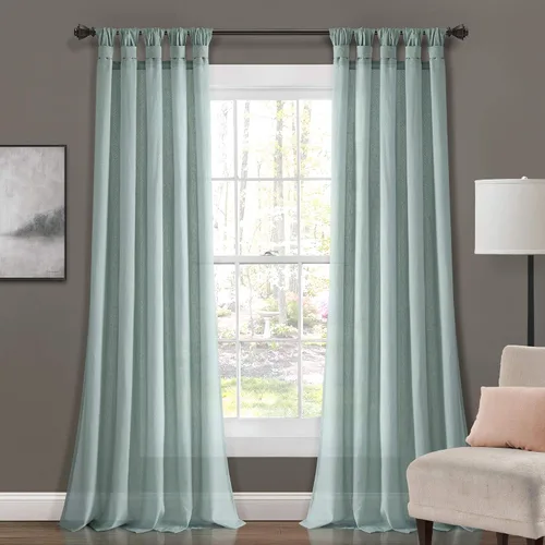 Vista 2 de Lush Decor Par de cortinas de ventana con solapas anudadas de yute, 45" x 84", azul