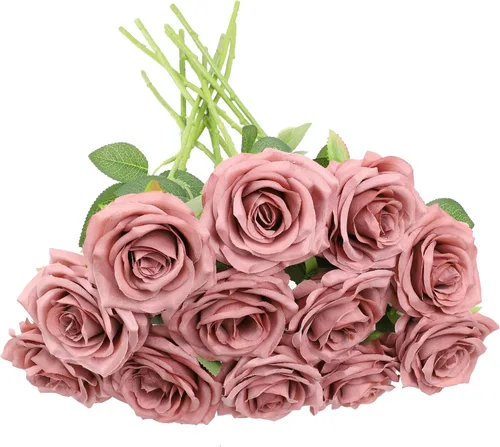Vista 16 de Flores artificiales de rosa, rosas artificiales, rosas de seda, rosas falsas de aspecto real con tallos para manualidades, ramos de boda, centros