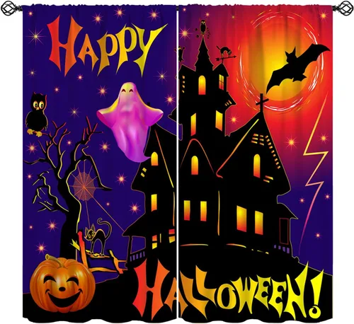 Vista 18 de Cortinas de Halloween con diseño de bosque gótico rojo, cruz gótica, Halloween, festividades, festival, tratamiento de ventana para sala de estar