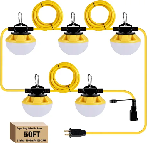 Vista 7 de Cadena de luz LED de construcción de 30 pies, 50 W, 6000 lúmenes, cable 18 AWG, cadena de luces de trabajo enlazables de 5000 K con 5 bombillas