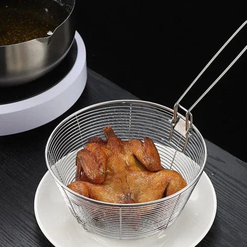 Vista 2 de Cesta de acero inoxidable para freír servir alimentos, cesta multifuncional con mango desmontable, malla de alambre redondo, frituras francesas