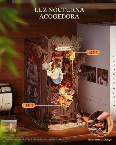 Vista 4 de Kits de rincones de libros DIY de Rolife: Caen en el asombro, separadores de libros de cuentos de hadas de madera, rompecabezas 3D para decoración
