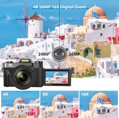 Vista 2 de Cámara digital 4K para vlogging de YouTube, zoom manual de 56 MP 16X, cámara compacta de fotografía con gran angular de 2.047 in y lente macro
