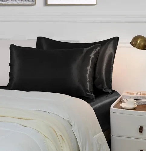 Vista 2 de Vonty 2 fundas de almohada de satén estándar – Fundas de almohada de 20 x 26 pulgadas, fundas de almohada negras para proteger la piel y el cabello