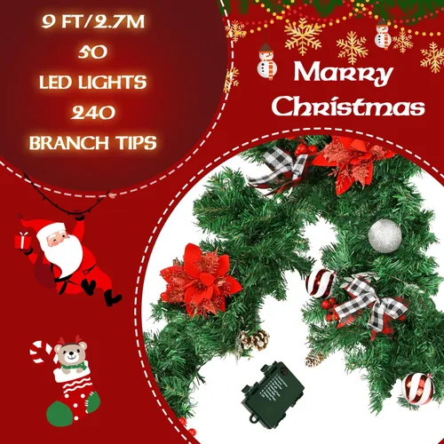 Vista 6 de Guirnalda de Navidad con luces, decoraciones de Navidad preiluminadas de 9 pies con 50 luces LED, con caja de batería impermeable, uso en interiores