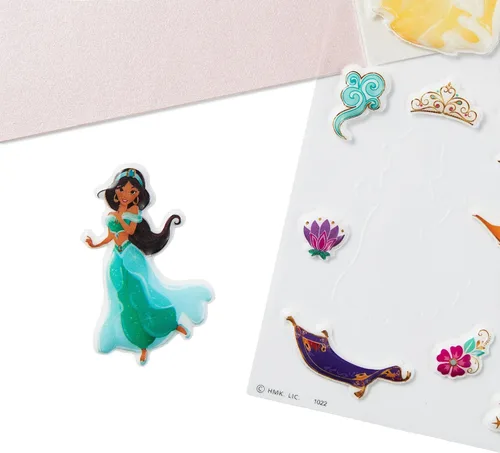 Vista 5 de Hallmark Tarjeta de cumpleaños de princesa Disney con calcomanías (belle, ariel, jazmín, cenicienta)