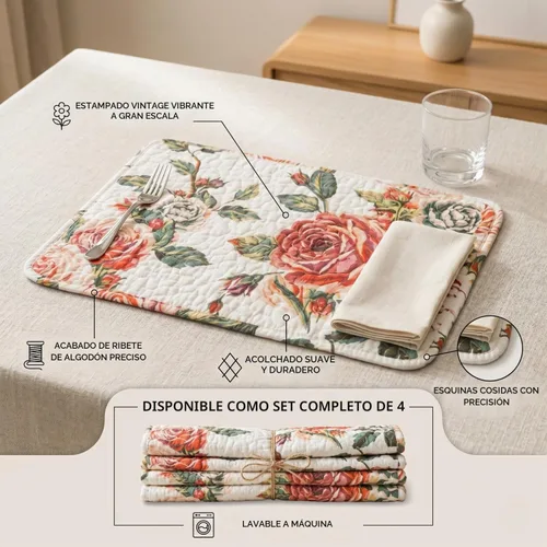 Vista 3 de DaDa Bedding Romantic Roses - Juego de 4 manteles individuales acolchados de algodón para mesa de comedor, diseño de rosas y rojas, para jardín