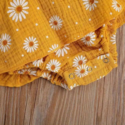 Vista 6 de Mameluco para bebé recién nacido, con margaritas, ropa ajustable con volantes de una pieza, overol de verano para bebé Naranja